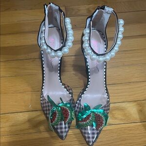 Betsey Johnson Checkered Heels with Pearl/watermelon and Green Red Embellishment